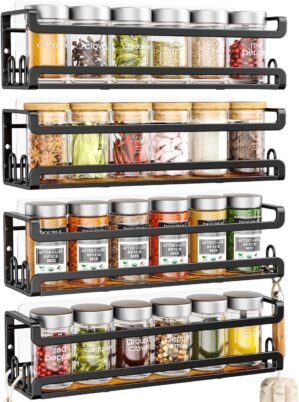 Doakhirmit Wall Mount Spice Rack, Black,4 Pack | 16 Hooks,Screw or Adhesive Installation , Hanging Organizer for Stove Cabinet Pantry Door Kitchen and RV Use