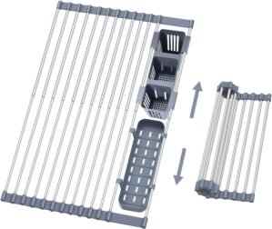 Gabrielline Expandable Roll Up Dish Drying Rack for Kitchen Sink, 21.6” x 12.7” Stainless Steel Over Sink Drying Mat with Utensil Holder & Drip Tray, Space Saving Heavy Duty Kitchen Rack Set