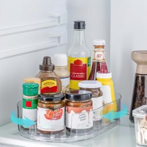HomeBeyond Rectangular Lazy Susan Organizer for Refrigerator & Cabinet, 360° Rotating Fridge Turntable, Removable Non-Skid Tray to Organize Condiments, Cans, Beverages, Clear PET