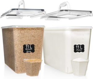 Shazo 2 PC (11L | 372 oz) Flour Sugar Storage Containers with Easy Carry Handle – Plastic Extra Large Food Storage Containers with Lids for Rice Cereal, BPA Free & Airtight Kitchen Pantry Organization