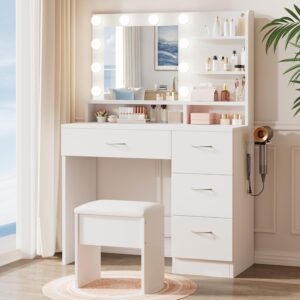 LIVELYGLOW White Makeup Vanity with HD Mirror & 10 LED Bulbs, 34.3″ Dressing Table with Charging Station, 4 Drawers, Hairdryer Rack & Cushion Stool, Modern Bedroom Vanity Set
