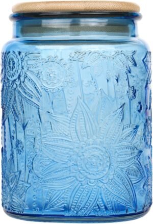Custde Blue Vintage Glass Candy Jar with Airtight Bamboo Lid, 23.7oz Kitchen Storage Canister for Sugar, Coffee, Tea, Cookies, Bath Salt – Decorative Mason Jar for Pantry & Counter(Blue, 23.7 fl oz)