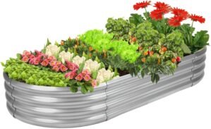 Rakukiri Raised Garden Bed GRS Certified Galvanized Planter Box Outdoor, 5ft Oval Rot-Resistant Metal Garden Bed Planter, Recycled Material Planter for Vegetables Flowers Herbs (Silver)