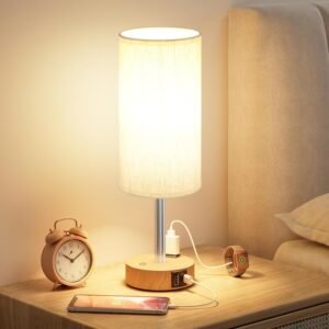 Touch Bedside Table Lamp with Memory – Stepless Dimmable Lamp for Bedroom, Small Nightstand Lamp with Dual USB Charging Ports and AC Outlet, Wood Night Light, Desk Lamp for Nursery, Living Room, Dorm