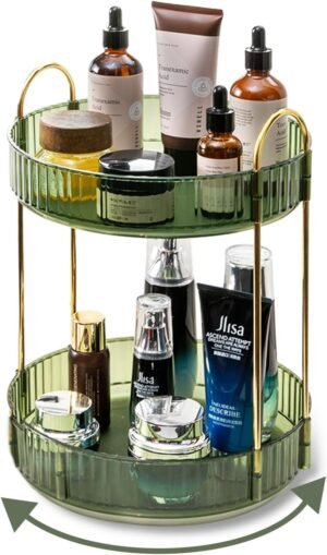 Asayuee 360 Rotating Makeup Organizer for Vanity,2 Tier Large Capacity Skincare Organizers,Bathroom Counter Organizer, Spinning Perfume Organizer & Vanity Organizer (Green-2 Tier)