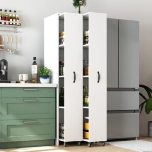 Double Pull Out Pantry Cabinet with Wheels, Slim Rolling Storage Cart for Kitchen, Freestanding 4-Tier Dual Slide Out Organizer for Laundry Room, Space Saving Wood Rack with Guardrails, 62″H White