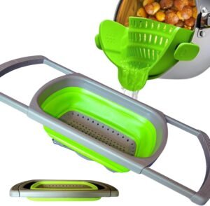 2-in-1 Silicone Strainer Set | Collapsible Colander | Over the Sink Silicone Collander With Extendable Handle | Clip-on Pot Strainer for Pots and Pans| Space-Saving, Heat-Resistant