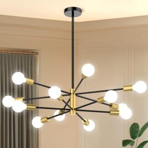 Sputnik Chandelier 12-Light, Mid Century Modern Height Adjustable Ceiling Light Fixture for Dining Room, Kitchen Island, Living Room,Bedroom-Black and Gold