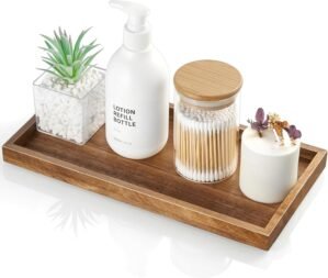 ALELION 11.7″ Bathroom Vanity Tray for Counter – Acacia Wood Decorative Tray for Toilet Tank Makeup Perfume Jewelry Catchall Coffee Table – Wooden Kitchen Countertop Organizer for Soap Dispenser