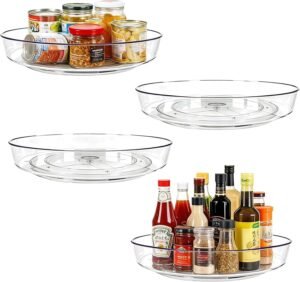 4 Pack Lazy Susan 10 inch Turntable for Spice Organization | Clear BPA-Free Plastic Rotating Organizer for Kitchen Cabinet, Pantry, Countertop, Fridge | 360-Degree Rotating Base