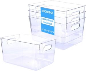 MOONEDGE 4 Pack Open Clear Plastic Storage Bins 11″x8″x6″ Stackable Organizer Containers with Handle for Kitchen, Pantry, Fridge, Bathroom,Cabinet,Closet Storage