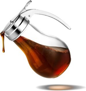 14 oz Glass Syrup Dispenser With No Drip Bottle for Maple Syrup, Honey, Pancake Mix, or Sugar – Dishwasher Safe Container With Metal Easy Pour Lid (414mL)