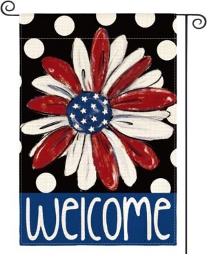 AVOIN colorlife Patriotic 4th of July Garden Flag 12×18 Inch Double Sided Outside, Floral Welcome Daisy Polka Dots Yard Outdoor Decoration