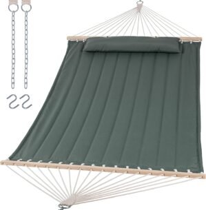 SUNCREAT Double Hammock for 2 Person, Extra Large Outdoor Portable Hammock with Hardwood Spreader Bar, Soft Pillow, 475 lbs Capacity, Gray Green