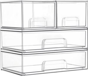 Vtopmart Stackable Storage Drawers Set of 4, Clear Plastic Organizer Bins for Bathroom Supplies,Ideal for Cabinet,Pantry,Laundry Room Organization