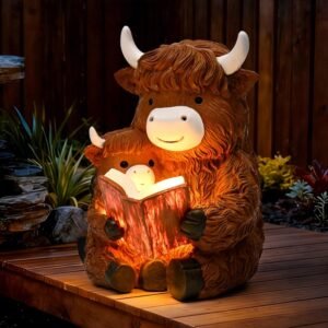 GIGALUMI Solar Highland Cow Decor 8″ Garden Statue, Outdoor Decor, Decoration with Light for Patio Yard Lawn Balcony, Christmas/Birthday Gifts for Mom Women
