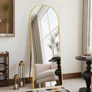 DMWOODFL 58″x18″ Arched Full Length Mirror – Floor Standing or Wall Mounted with Stand, Aluminum Frame & Shatter-Proof Glass, Gold Freestanding Mirror for Bedroom, Living Room, Entryway Decor