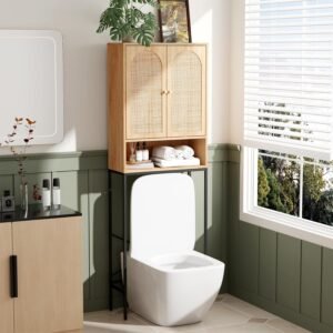 VINGLI Over The Toilet Storage Cabinet, Rattan Bathroom Organizer Behind Toilet,Above Metal Stand Rack Tall Freestanding Wood Cabinet with Wicker Doors,Adjustable Shelf for Bathroom,Restroom,Bohemian