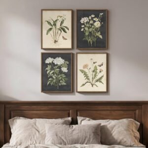 Framed Vintage Botanical Wall Art Bedroom, 4 Piece Rustic Farmhouse Floral Canvas Prints Artwork, Neutral Flower Butterfly Pictures for Modern Farmhouse Living Room Kitchen Bathroom Wall Decor, 11×14