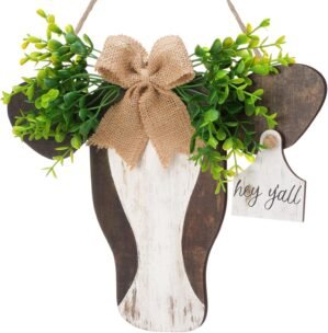 Lineshading Cow Head Door Sign Wooden Cow Welcome Hanger with Bow and Leaves Retro Farmhouse Hanging Hanger for Front Door Porch Indoor Outdoor Home Decor