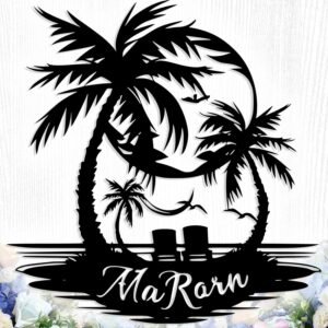 Custom Metal Beach Sign Wall Art Decor, Personalized Palm Tree Sign Wall Art, Personalized Patio Pool Signs, Custom Signs Outdoor Metal for Coastal Lake House Home Wall Decor