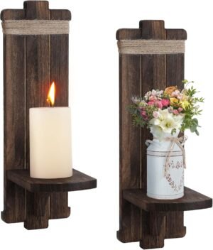 Alphatool Handmade Wooden Candle Sconces Set of 2 Farmhouse Wall Decor | Vintage Bedroom Livingroom Home Hanging Art Decorations Accessories Gifts, Brown