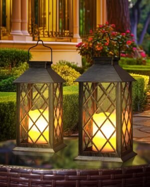 Otdair Solar Lanterns Outdoor Waterproof, 2 Pack 14″ Hanging Solar Lantern | Retro Solar Lanterns; IP65 waterproof; Flickering flameless candle; Tempered glass; Yard patio balcony decor gift