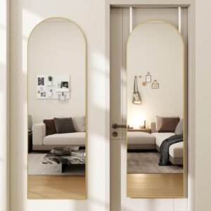 Arched Full Length Door Mirror 14×48, Metal Frame with Protective Film, No-Drilling Hanging or Wall Mount, Hooks & Hardware Included, Full Body Mirror for Bedroom, Dorm, Gold