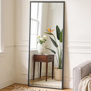 NEWBULIG Full Length Mirror 59.2″x16″ for Bedroom, Full Body Mirror with Stand, Hanging or Leaning for Wall, Aluminum Alloy Thin Frame Floor Standing for Living Room, Long, Black