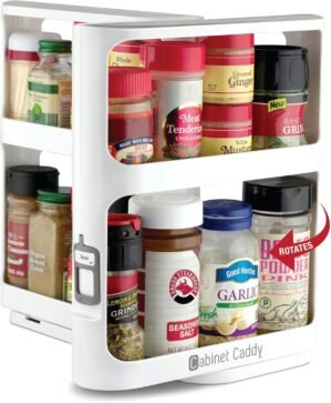 Cabinet Caddy Spice Rack Organizer for Cabinet – Slide & Rotate Kitchen Organizers and Storage – 2 Double-Decker Shelves – Non-Skid Base – Magnetic Modular Design – 10.8″ H x 5.25″ W x 10.8″ D