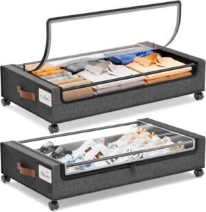 Yecaye Under Bed Storage with Wheels, 2Pack Under Bed Storage Containers, Underbed Shoe Storage Organizer, Rolling Under Bed Metal Drawers for Clothes, Blankets(30.71 x 16.93 x 6.69 in)