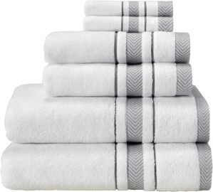 Bath Towels Set for Bathroom – Luxury 6-Piece Cotton Towels, Soft Absorbent & Quick Dry, 600 GSM Bath Towels for Bathroom, Hotel Spa Quality (2 Bath, 2 Hand, 2 Washcloths, White Grey Stripe)
