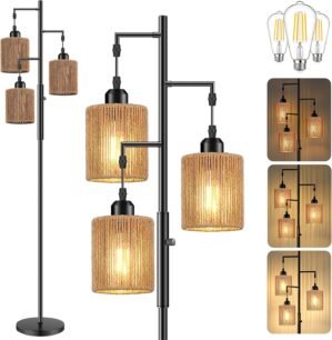 Hotsonic 72″ Tall Boho Rattan Style Floor Lamp with Hand-Woven Paper Cord Shade, Dimmable Industrial Tree Standing Lamp for Living Room, Bedroom, Study Room, Office (3 x 800LM Bulbs Included) – Black