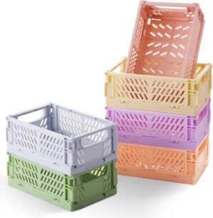 HUUSMOT 6-Pack Small Pastel Plastic Storage Baskets, Collapsible Crates for Organizing, Space-Saving Mini Bins for Classroom, Kitchen, Office, Bedroom (5.9″ x 3.8″ x 2.2″)
