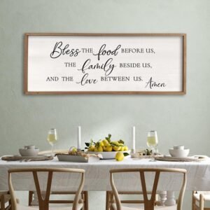 Surfapans Bless the Food Before Us Wall Decor, 40″X15″ Farmhouse Dining Room Family Kitchen Sign, Christian Bible Verse Scripture Vintage Home Framed Wood Wall Art(Wood White)