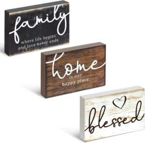 3Pcs Rustic Wood Signs with Family Home Blessed Print Small Farmhouse Wood Decorative Table Shelves Decorations Sign Wood Work for Bedroom Living Room Kitchen Table Entryway Fireplace Decor