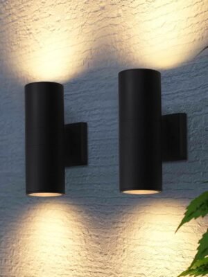 LEONLITE Modern Outdoor Cylinder Wall Lights 12″, Up and Down Porch Patio Lights, Matte Black Waterproof Wall Sconce, Aluminum, E26 Base, Exterior Light Fixture Wall Mount, ETL, Pack of 2