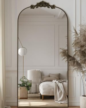 Antok Arched Full Length Mirror, 71″x28″ Floor Mirror with Carved Frame, Standing/Wall Hanging Large Mirror for Bedroom, Living Room, Cloakroom, Bronze, Retro Style