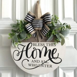 Welcome Sign for Front Door, Rustic Round Wood Wreaths Wall Hanging Outdoor Decor, Porch Fence Decorations Hanging Gift for Home Outdoor for Spring Summer Fall All Seasons Holiday, Bless This Home