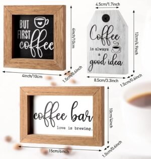 3 Pieces Coffee Bar Decor Sign But First Coffee Wood Sign Mini Farmhouse Wall Rustic Wooden Art Plaque Bar Tabletop Shelf Accessories for Tier Tray Decor Home Office Kitchen