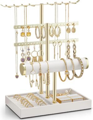 VLANDO 3 Tier Jewelry Stand Organizer with Tary, Leather Jewelry Holder Display for Women, Gold Jewlery Holder Display for Necklace, Earring, Bracelet, Rings – White
