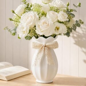 Ceramic Flower Vase with Bow Decor for Home Table Centerpieces White 7.5in | Farmhouse vase perfectly accents dining tables, living rooms, kitchens, bedrooms, bookshelves, coffee tables, and mantels.