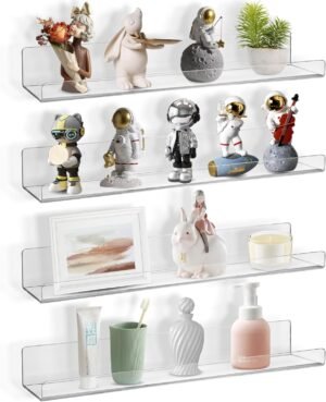 Boxalls Acrylic Clear Shelves – 4 Pack, 15 Inches Wall Storage Organizer Floating Shelf for Bathroom, Bedroom, Kitchen Variety Room, High Transparency Acrylic Waterproof Shelves