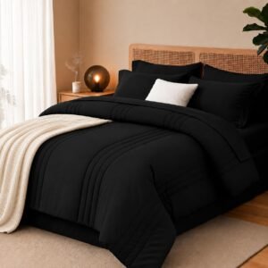 Queen Comforter Set Black, 7 Pieces Bed in a Bag Queen Size, Lightweight Microfiber Bedding Set with Comforter, Flat Sheet, Fitted Sheet, Pillowcases & Shams, Deep Pocket All Season Bed Set