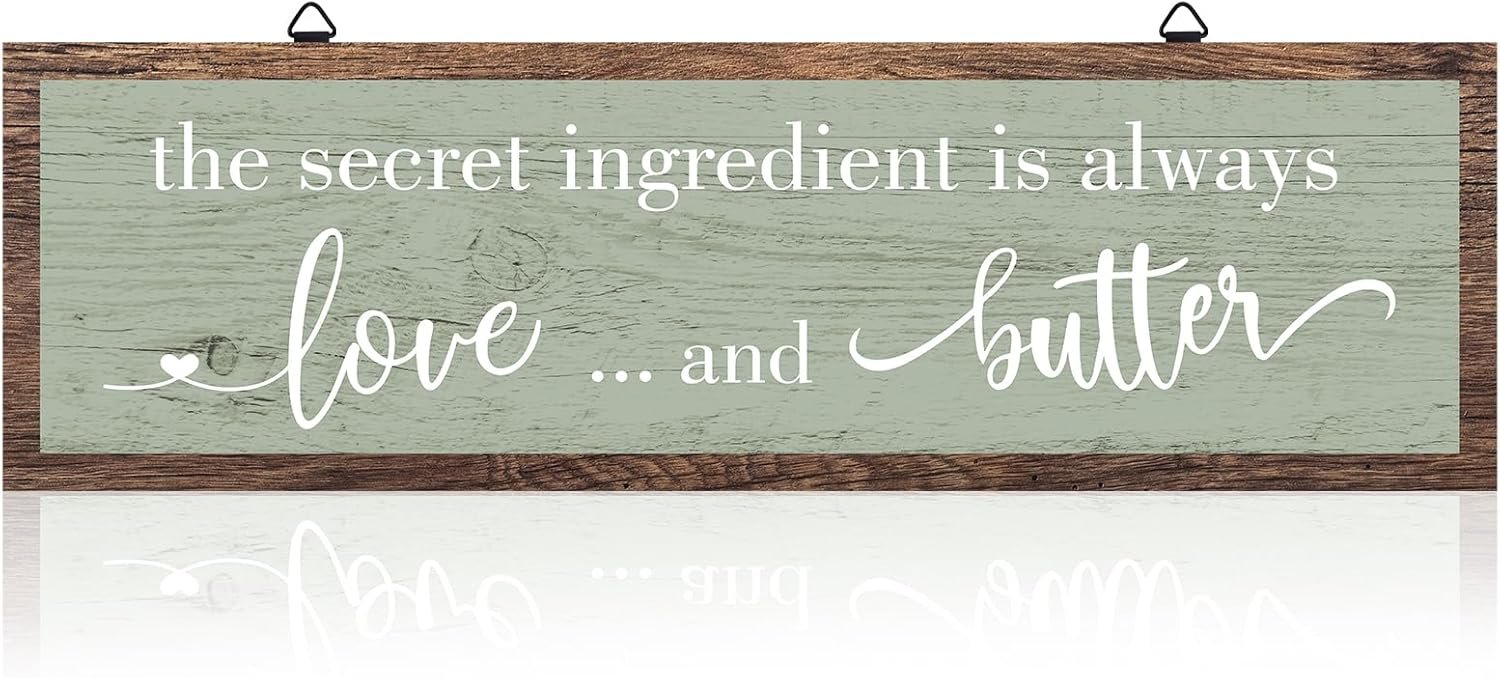 Jetec The Secret Ingredient Is Always Love and Butter Sign Funny Wood Kitchen Sign Funny Farmhouse Wall Decor Rustic Kitchen Wall Decoration, 15.7 x 4.7 Inch(Green)