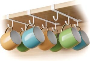 ECROCY Adhesive Cup Holder Under Cabinet – 3pcs x 6 Hook Coffee Cup Mug Holder for Kitchen, Fit for 1 Inch Thickness Shelf or Less – White