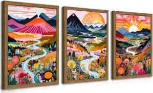 Wood Frame Boho Colorful Wall Art, Set of 3 Abstract Watercolor Mountain Landscape Wall Decor Painting, Modern Flower Aesthetic Posters Prints for Living Room Bathroom Bedroom 12x16In Framed