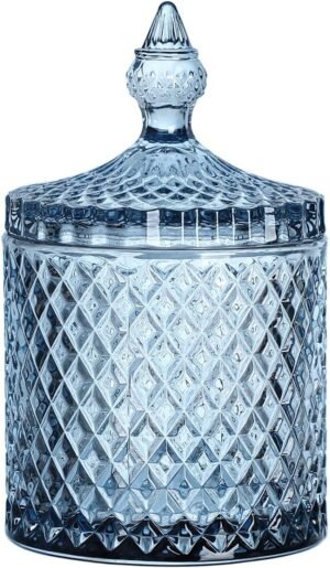 Sizikato Diamond Faceted Crystal Glass Candy Jar with Lid, 18oz Blue Decorative Jar, Nut Jar, Dried Fruit Storage Jar.