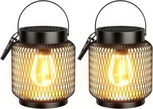 KOOPER Metal Solar Lanterns Outdoor Waterproof, 2 Pack Brighter Hanging Solar Lights for Outside, Up to 15 Hours Modern Hanging Solar Powered Lanterns Lights for Yard Patio Path Tree Garden Decorative