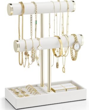 VLANDO 2 Tier Bracelet Holder with Tray – Leather Jewelry Stand Organizer for Women – Necklace Holder Display for Necklace, Watches, Rings, Earrings, Bangle, Scrunchie – White